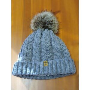 Timberland Pom Beanie Hat Faux Fur Knit Grey Greige Lined OS